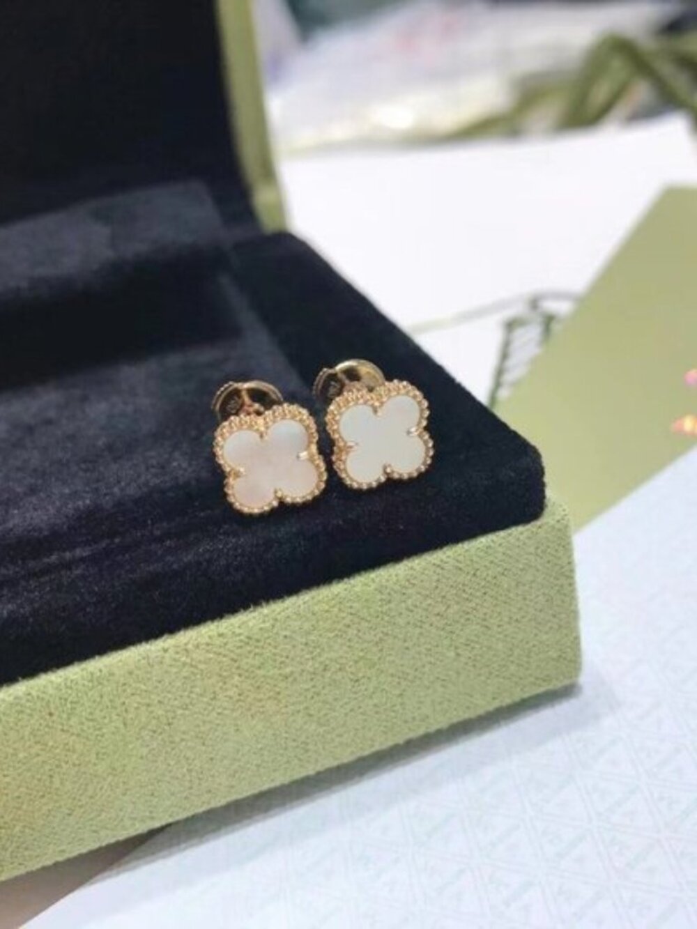 Van Cleef & Arpels White Mother-of-Pearl Alhambra Clover Stud Earrings in Gold